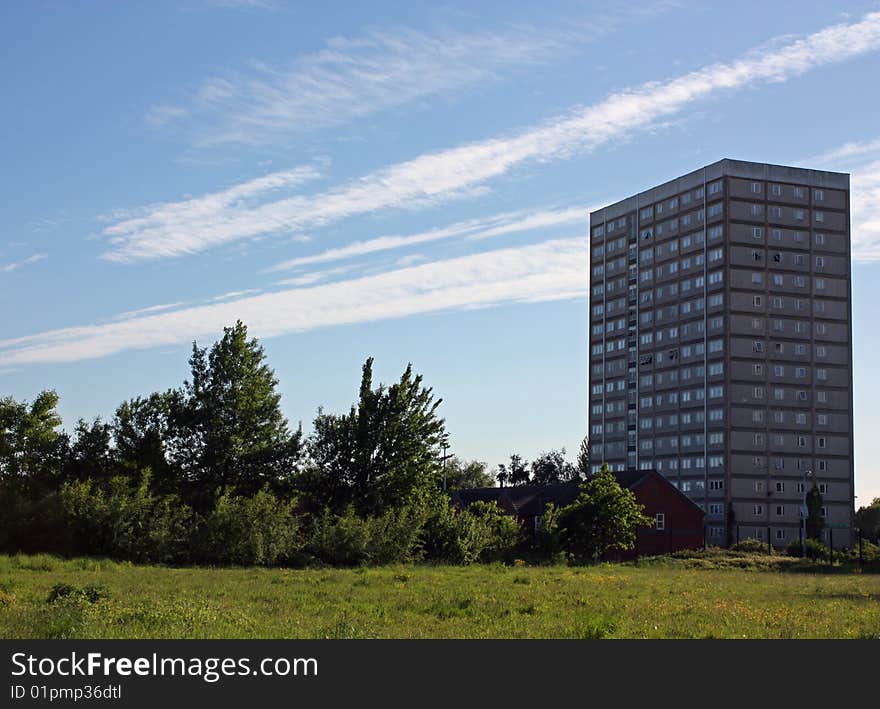 Shot taken of a demolished school against an urban backdrop. Shot taken of a demolished school against an urban backdrop