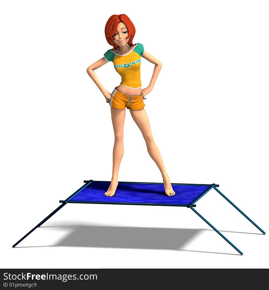 Rendering of a cartoon girl who jumps on a trampoline. With Clipping Path and shadow over white. Rendering of a cartoon girl who jumps on a trampoline. With Clipping Path and shadow over white