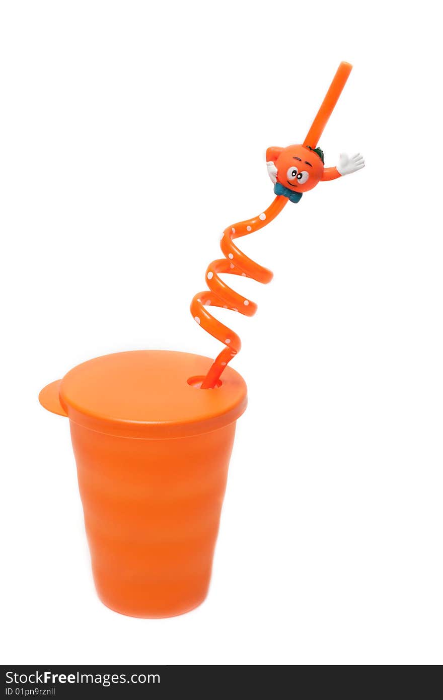 Plastic orange glass pipe for cocktail on white background