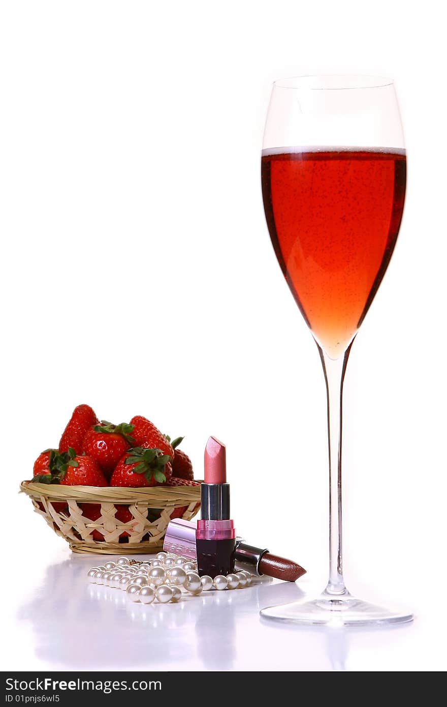 Pink lipstick with red champagle glass