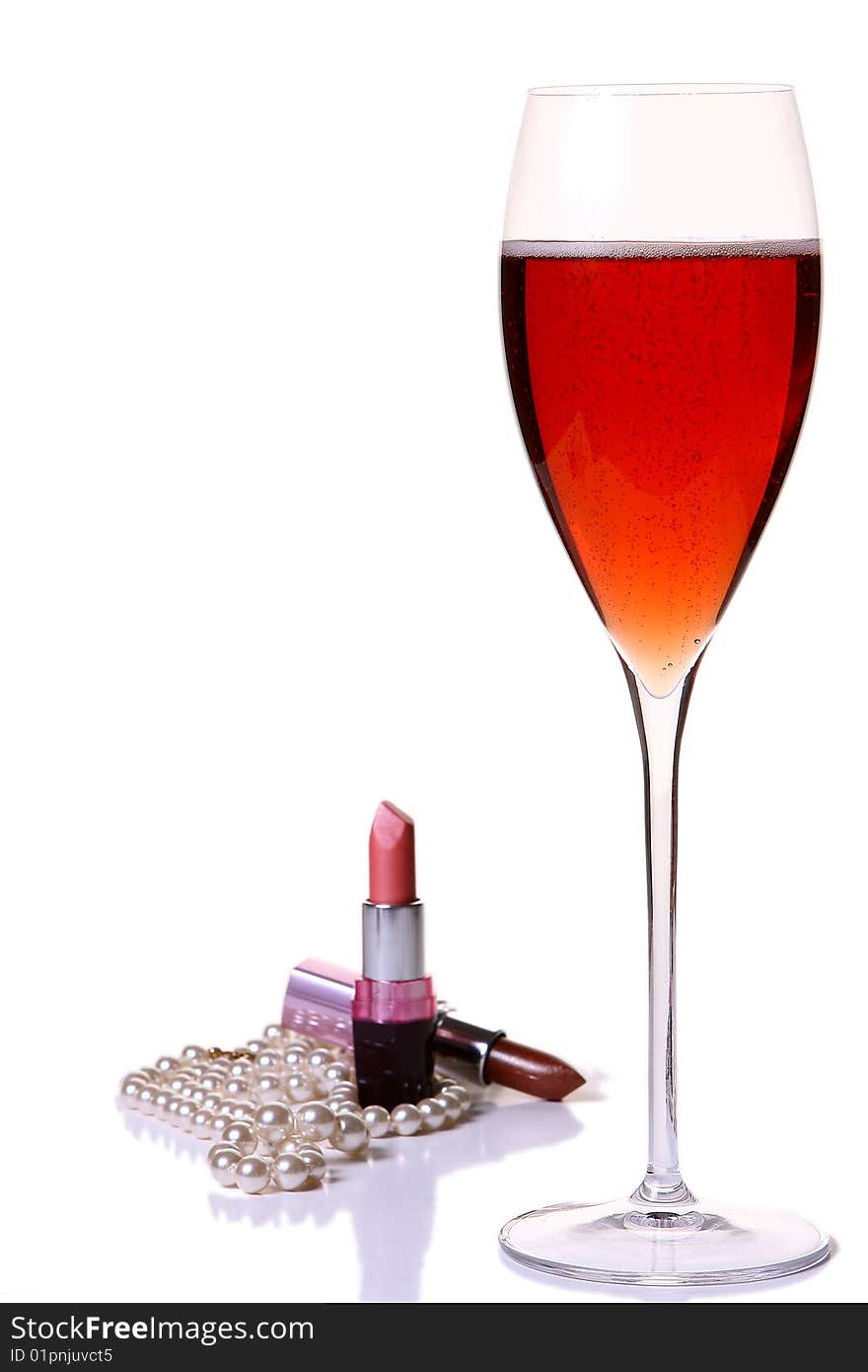 Pink Lipstick With Red Champagle Glass