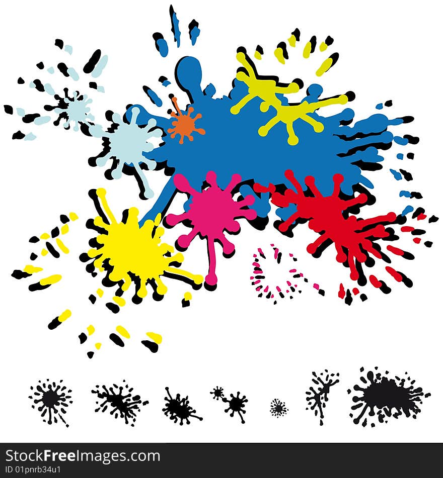 Several abstract inkblots in colors and in black