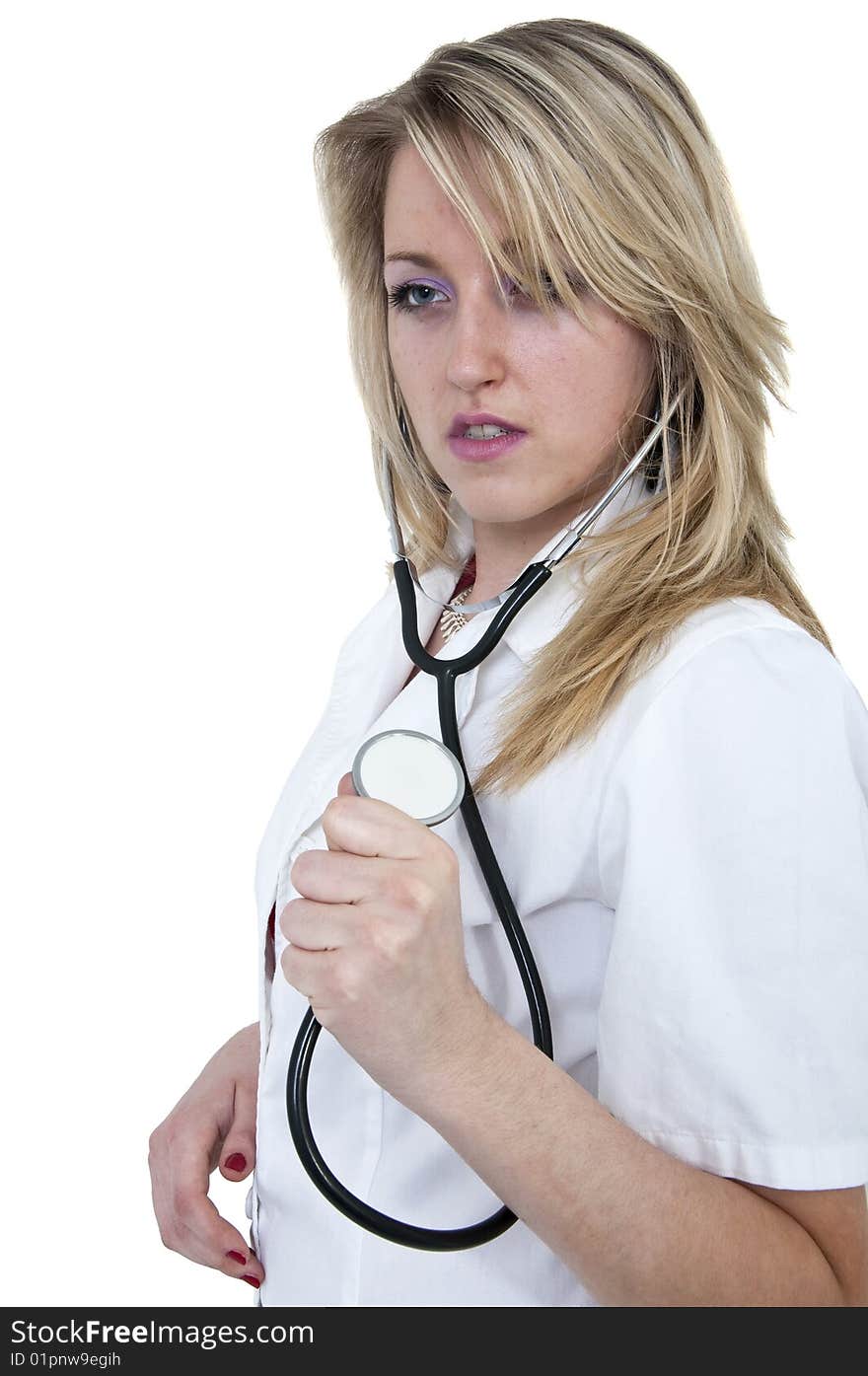 Young woman doctor holding a stethoscope. Young woman doctor holding a stethoscope