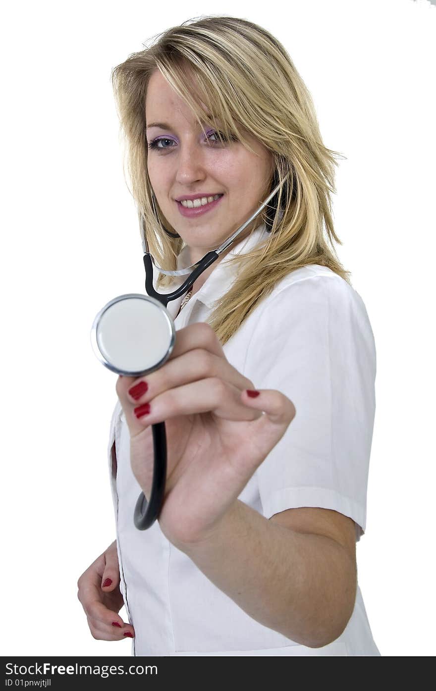 Young female doctor holding a stethoscope. Young female doctor holding a stethoscope