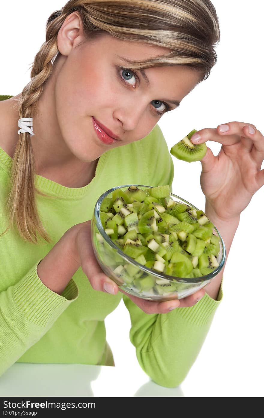 Woman holding slice of kiwi on white background. Woman holding slice of kiwi on white background