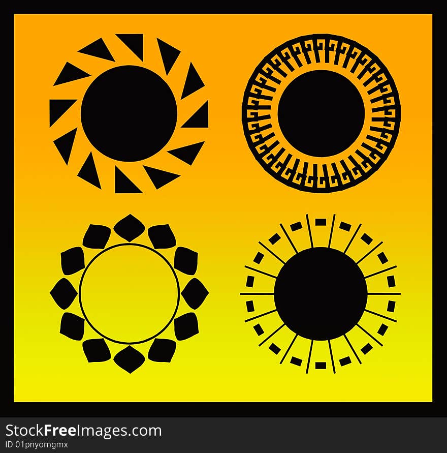 Circular ornaments like sun on the yellow background. Circular ornaments like sun on the yellow background