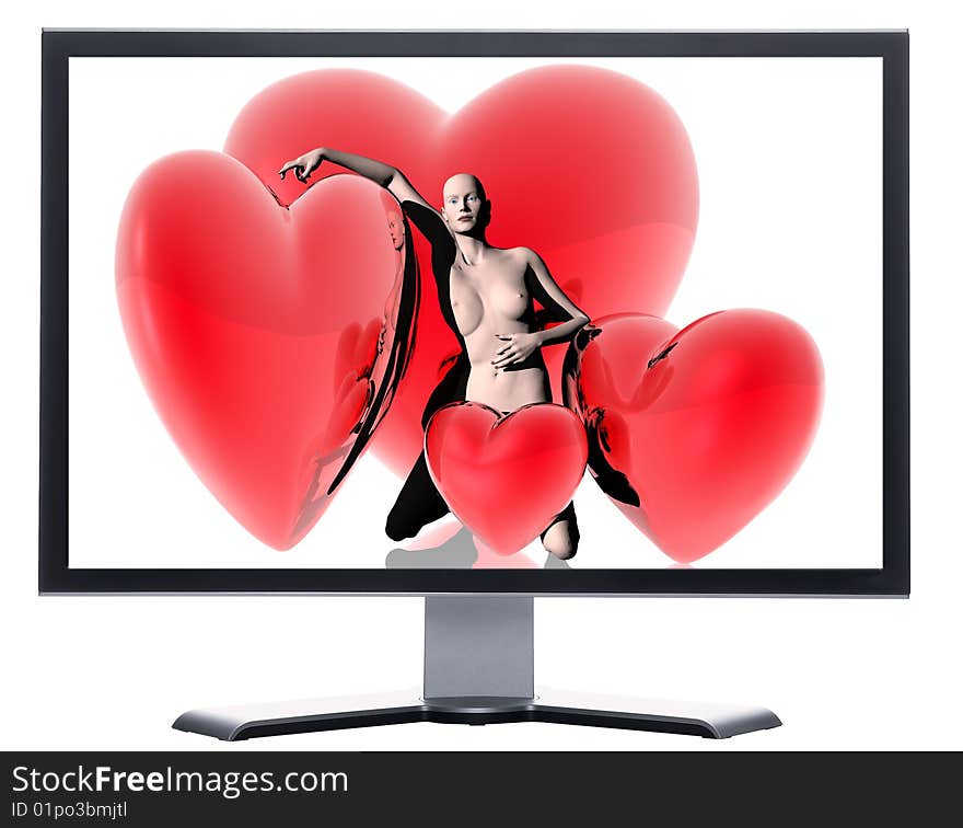 Monitor with 3d virtual girl