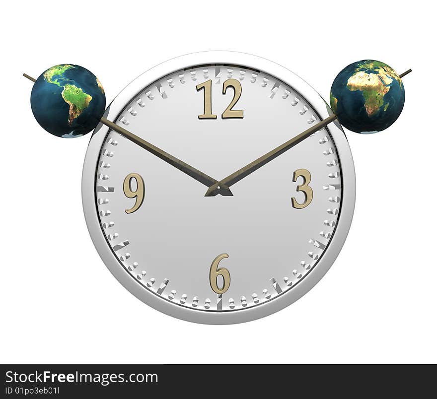 Wall clock with two earth isolated on a white