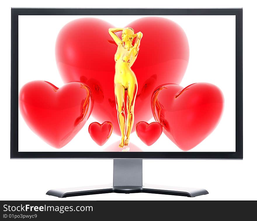 Monitor with 3d virtual girl with red hearts