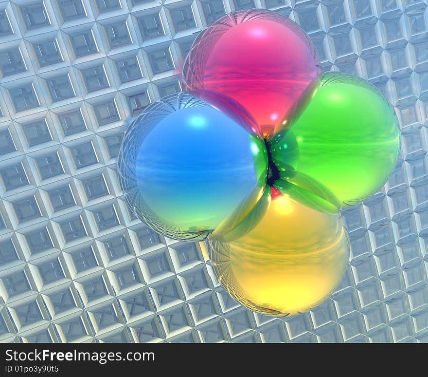 4 bright color balls on a grid