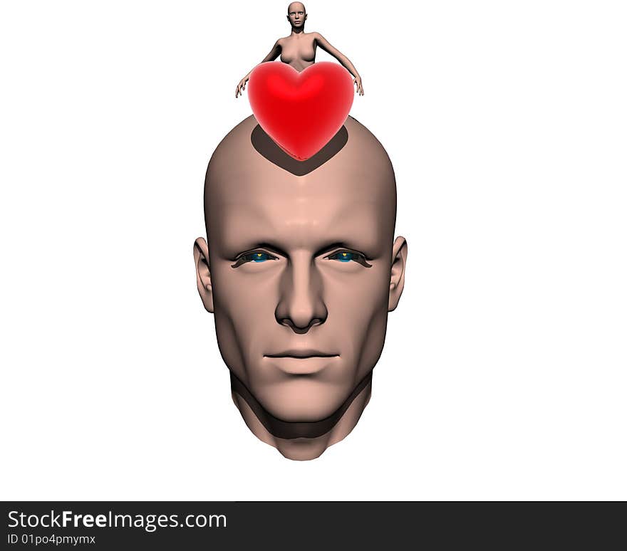 3D men head with 3D girl