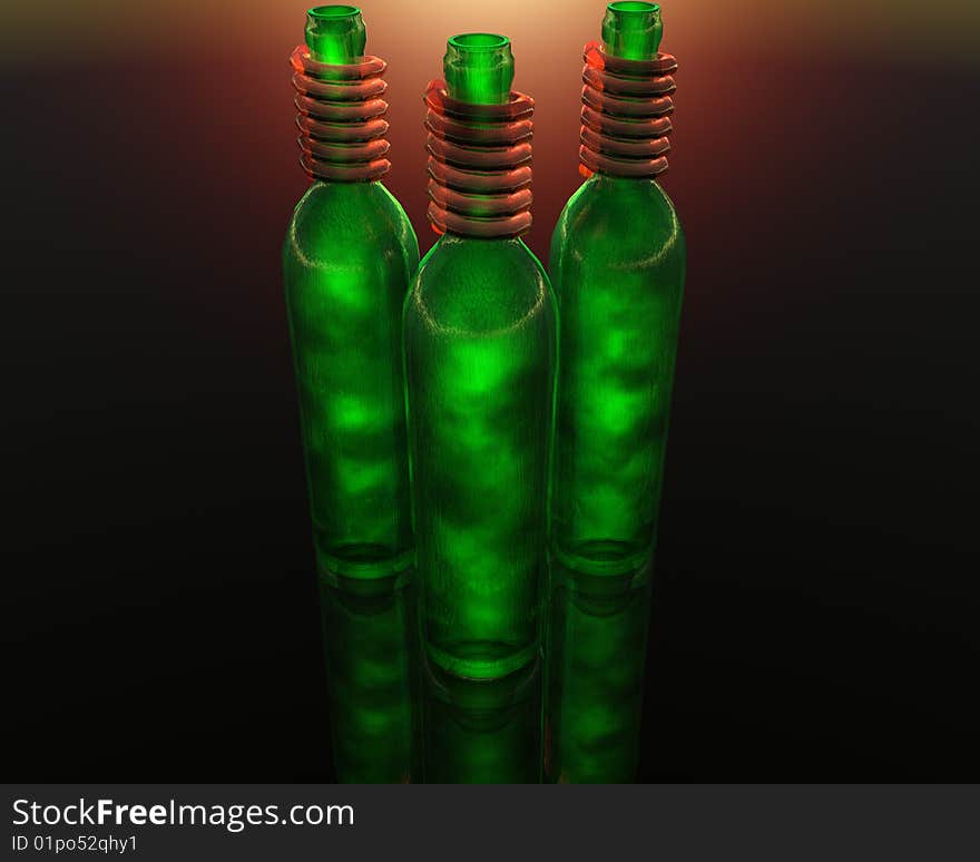 3D green wine bottle on colorful background