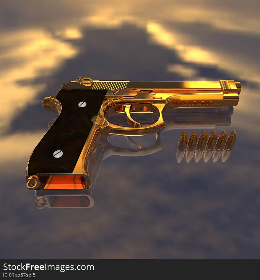 Closeup of pistol with golden bullets. Closeup of pistol with golden bullets