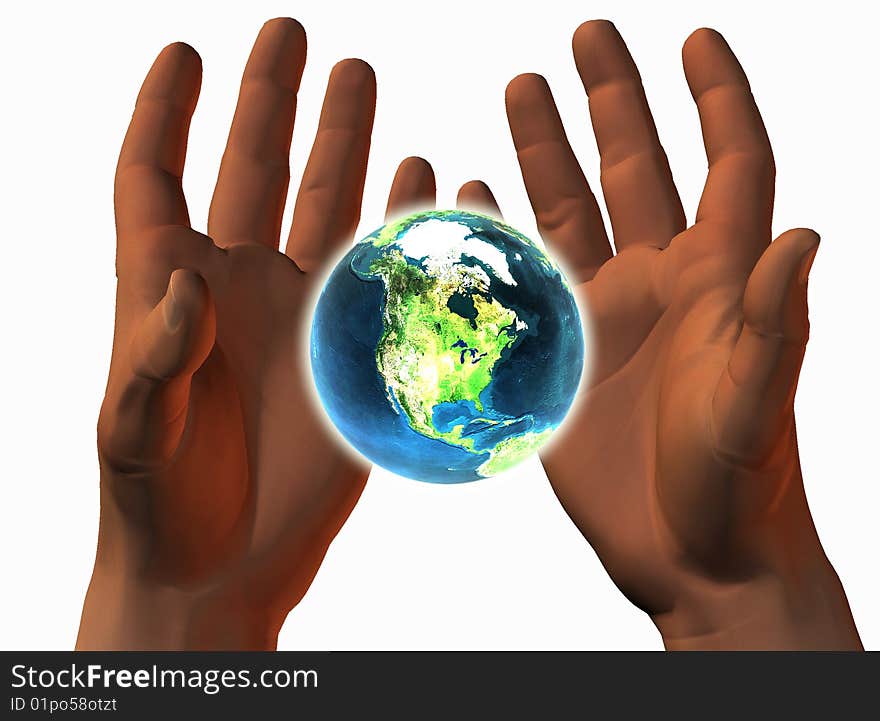 3D earth on 3D hands isolated on white