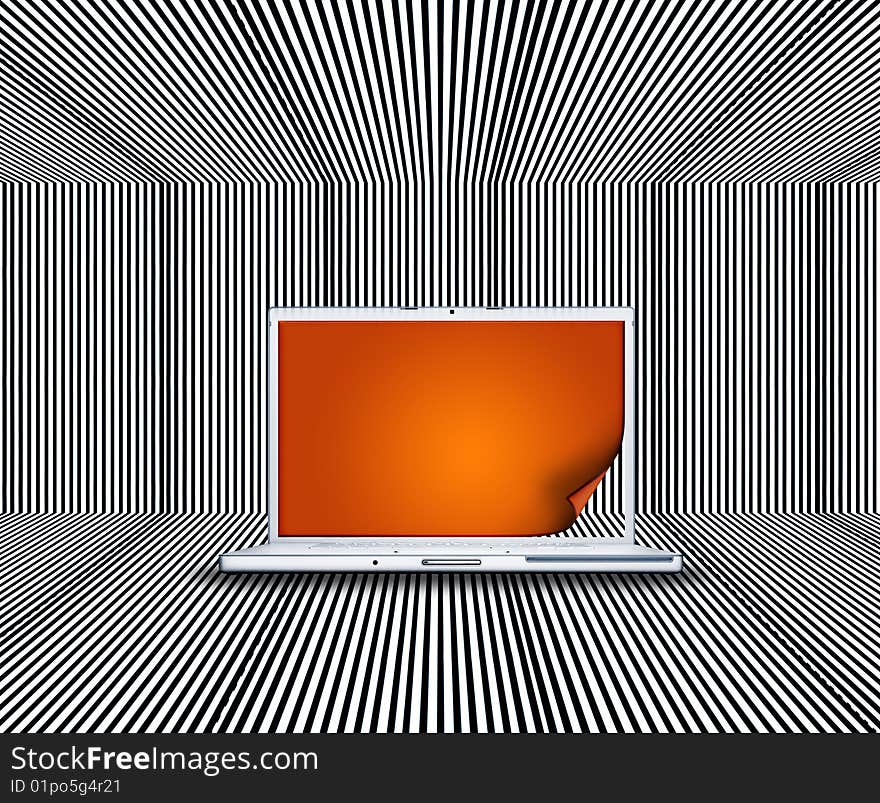 Laptop with creative curling screen on the stripes background