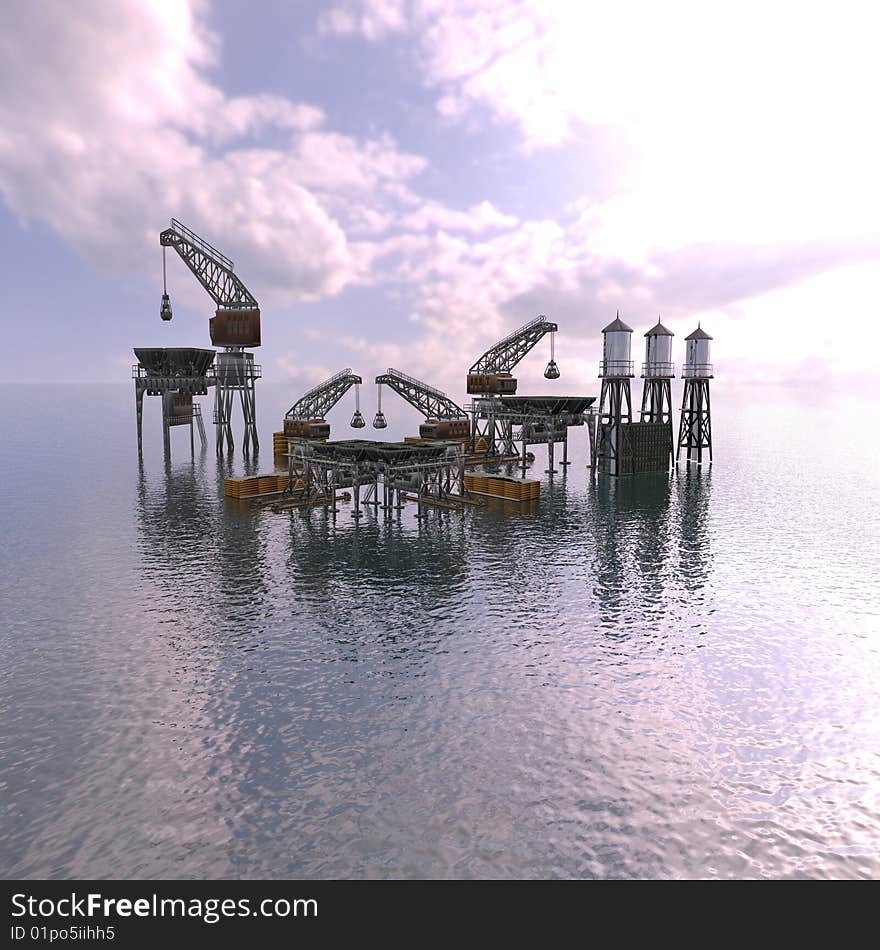 Drilling Platform in sea with clouds