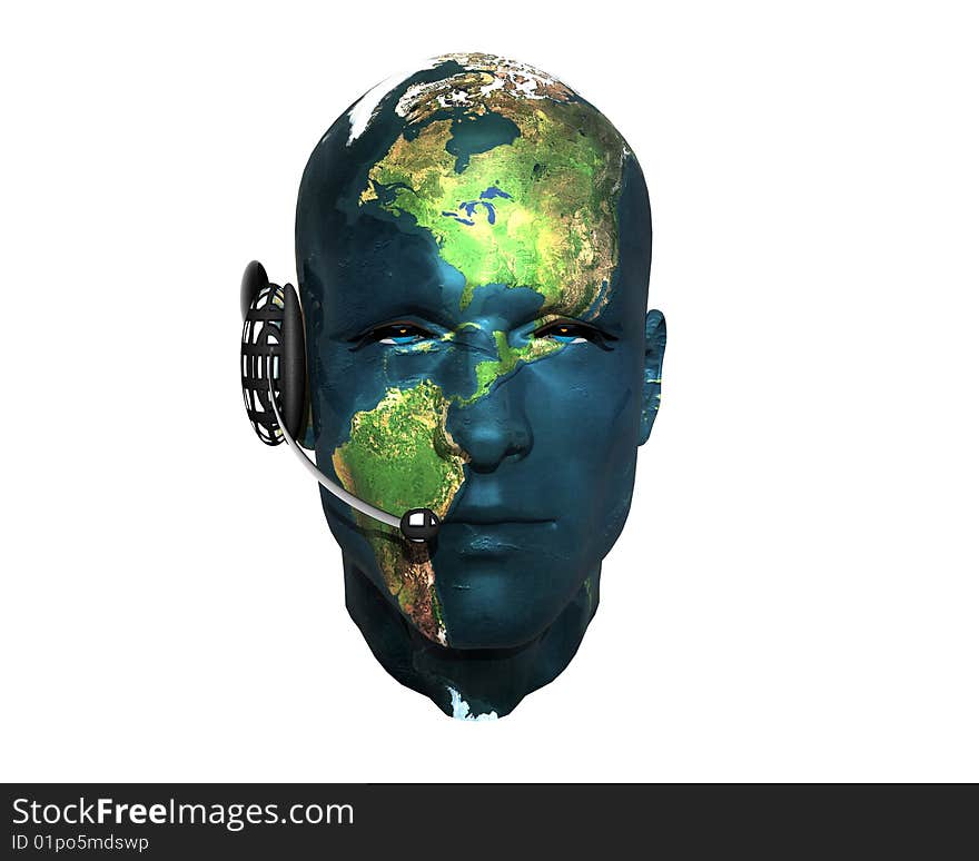 3D men head with earth texture with headphone isolated on white