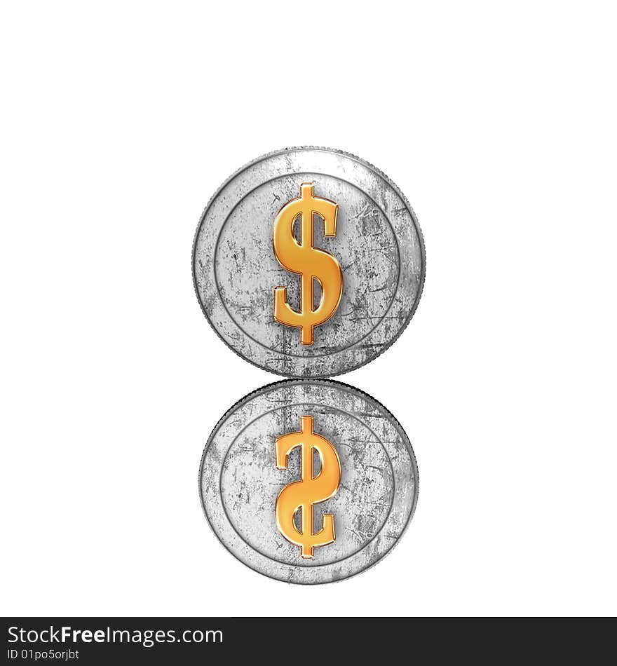 Golden coin with reflectoin on mirror background