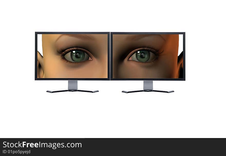 Girl eyes on a screens isolated on a white