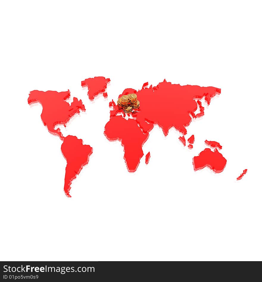 Golden coins on world map isolated on a white