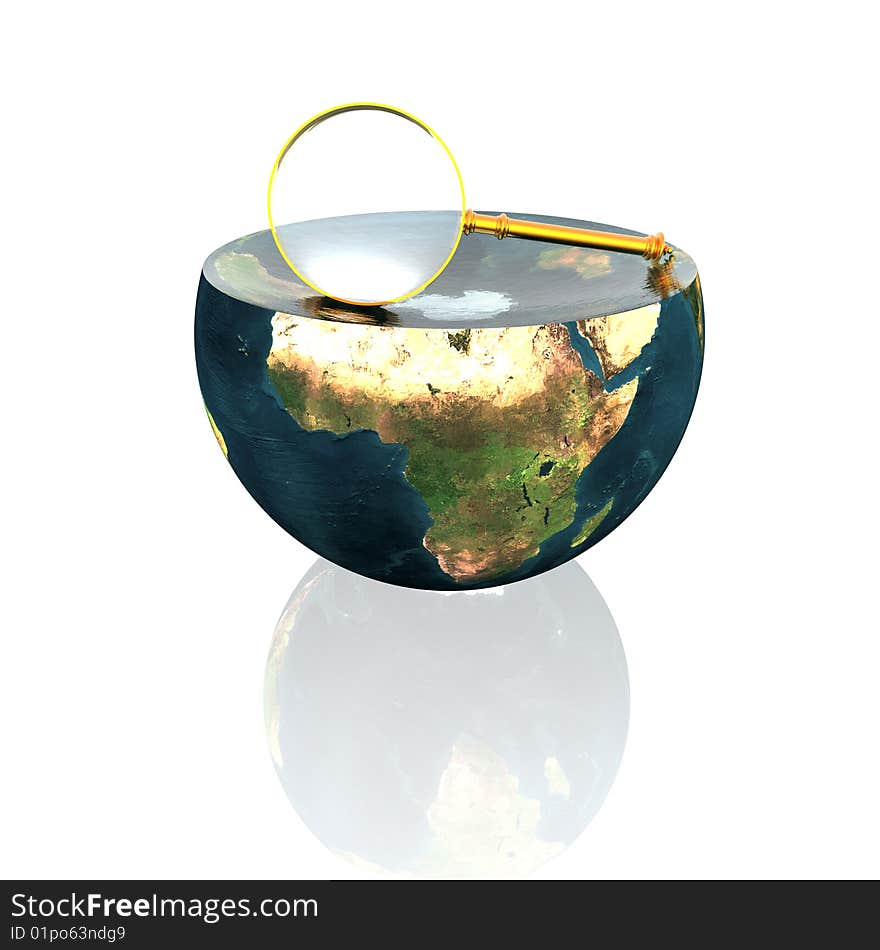 Magnifying glass on earth hemisphere