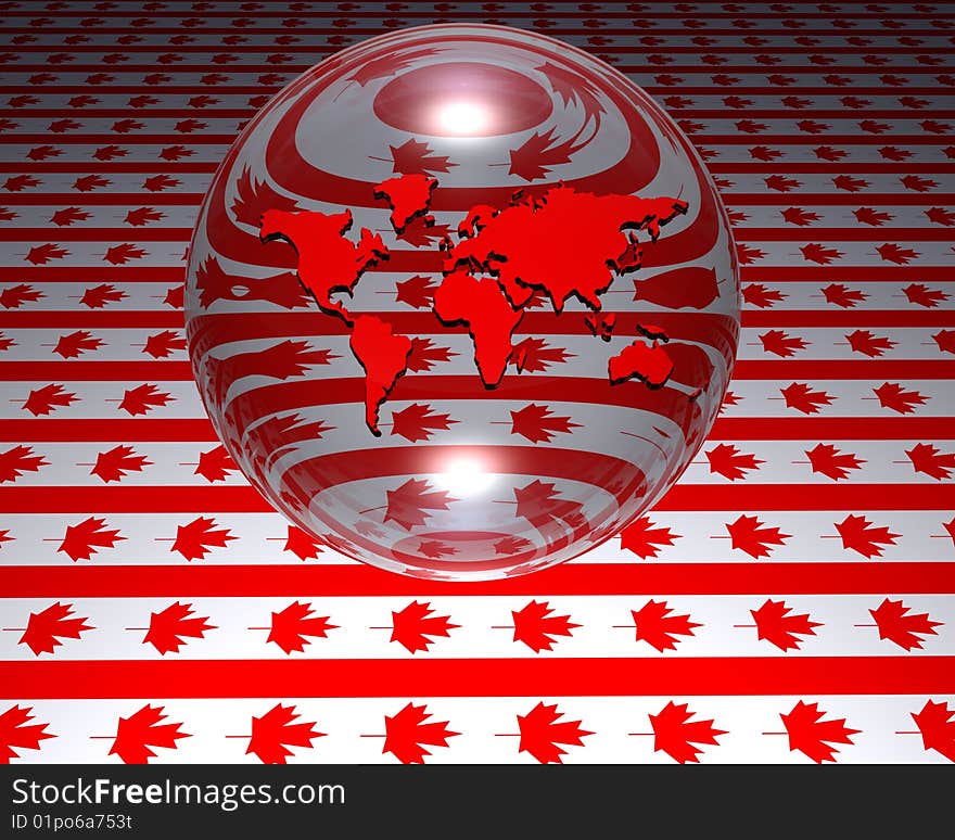 3D model of world map with canadian flag in background