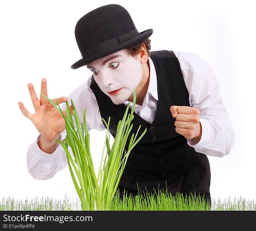 Crazy gardener mime. Studio isolated shot. Crazy gardener mime. Studio isolated shot