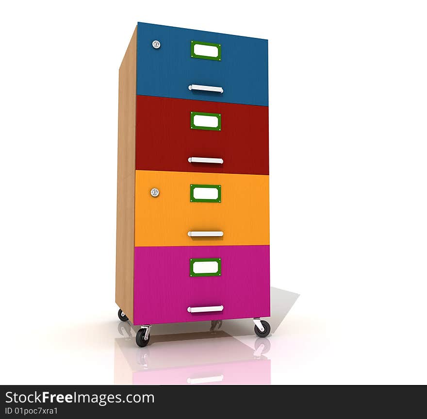 Colored wooden  file drawer on wheels isolated on white - rendering