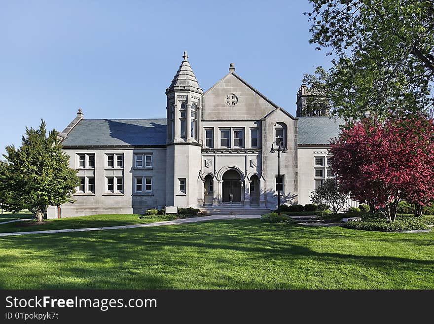 University building in spring on suburban campus