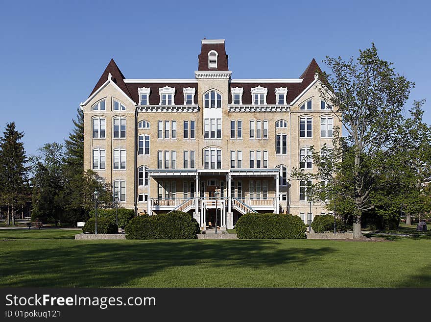 University building in spring on suburban campus