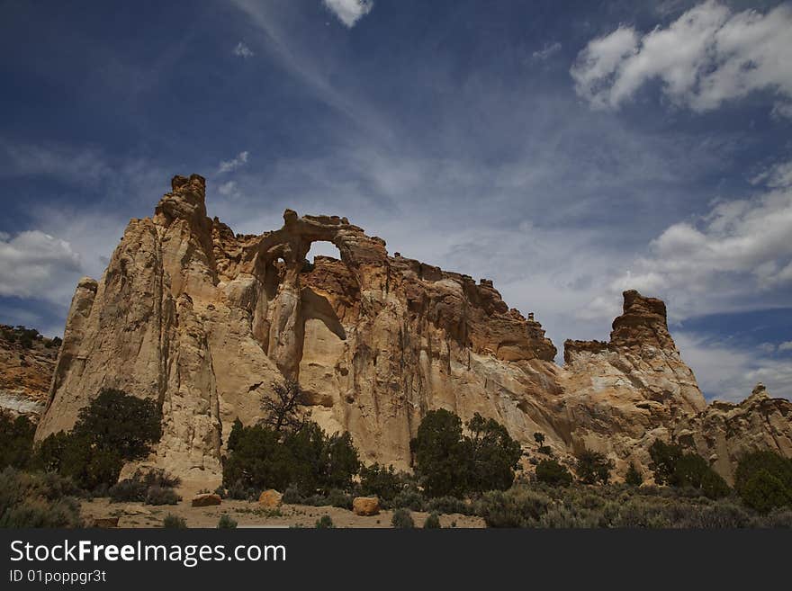 View of the red rock formations in Kodachrome Basin with blue skys and clouds