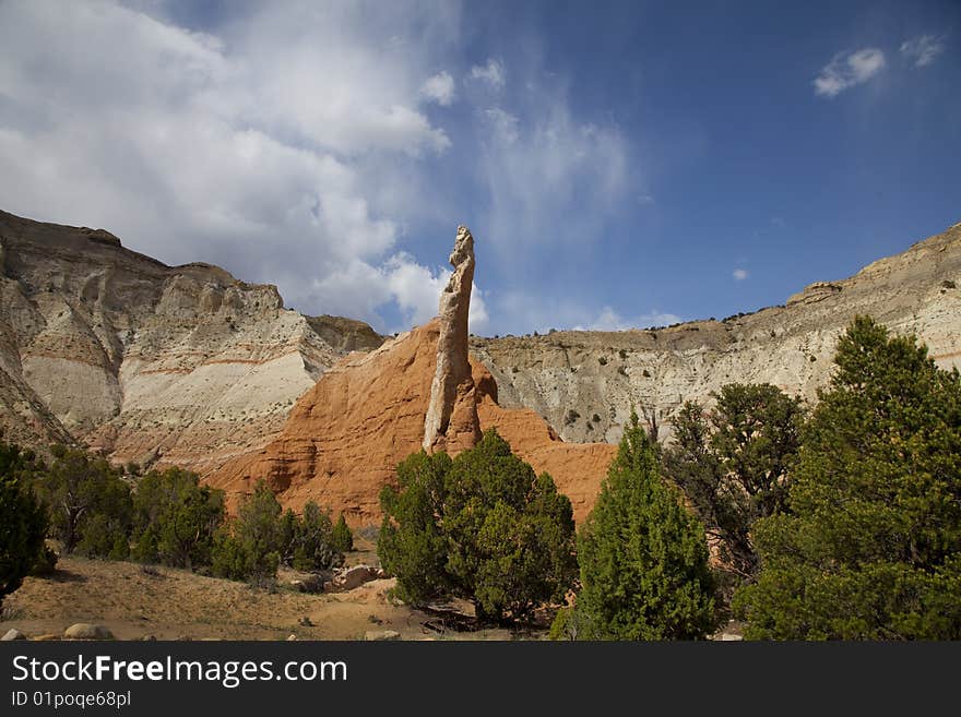 View of the red rock formations in Kodachrome Basin with blue skys and clouds