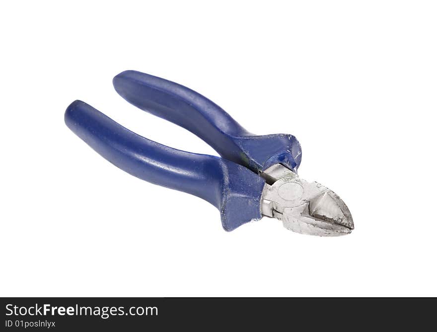 Metal blue pliers on white background