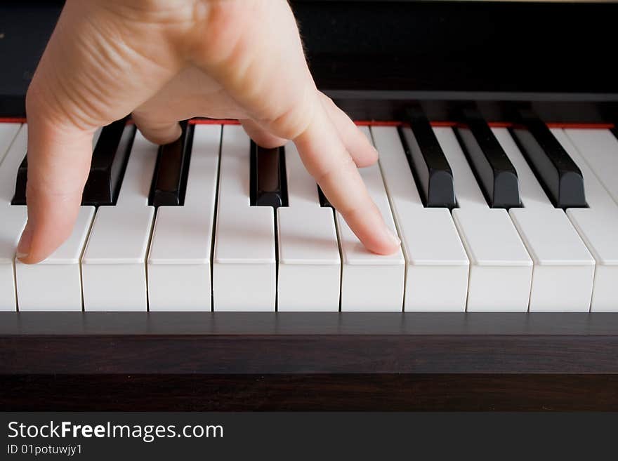 In a photo the hand of the pianist and a key of a piano is represented. In a photo the hand of the pianist and a key of a piano is represented.