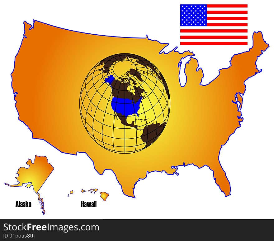 A illustration of an Big American map and flag on white background. World globe