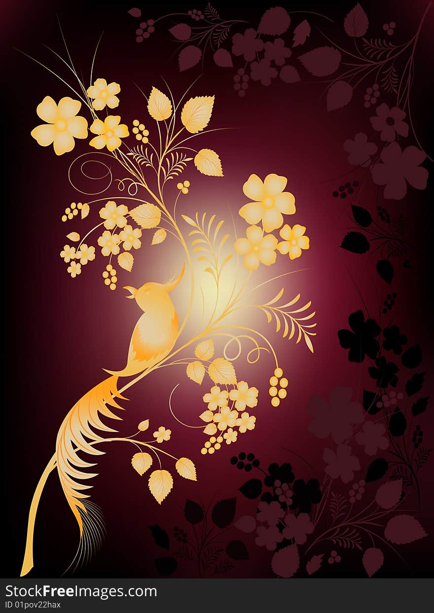 Floral background with a bird, leaves and scrolls. Floral background with a bird, leaves and scrolls