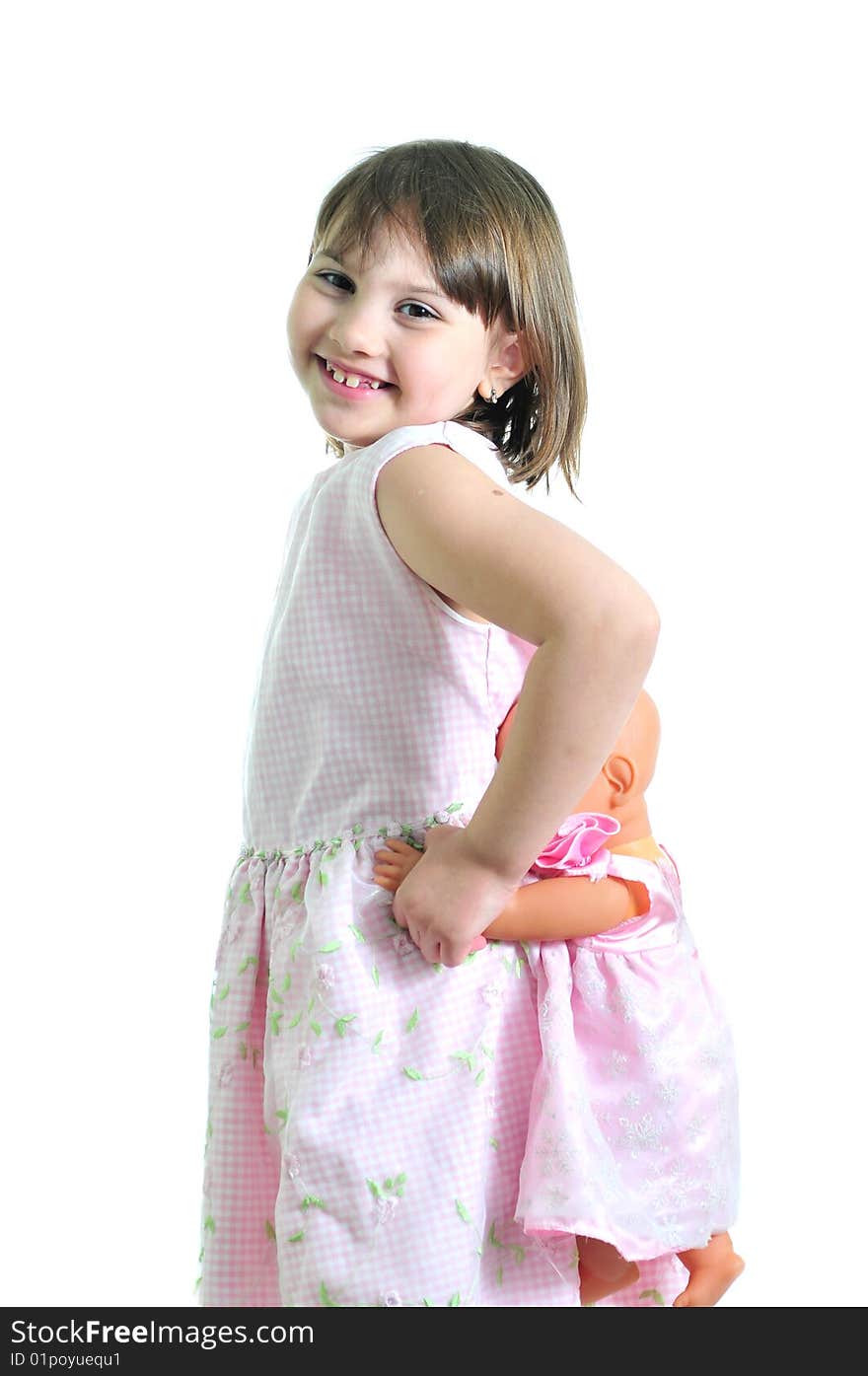 Smiling girl with doll isolated on the white background