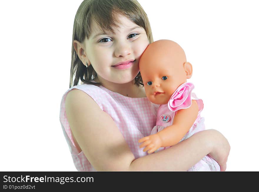 Smiling girl with doll isolated on the white background