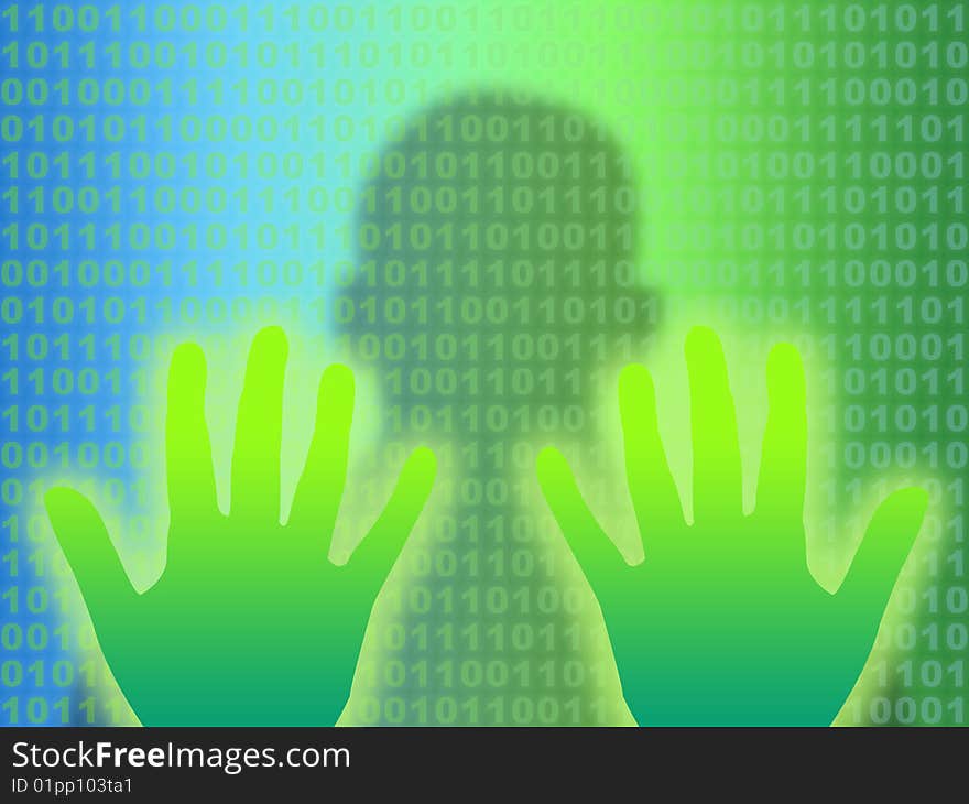 Man trapped in your computer monitor look for the exit with your hands. binary code in the background. Man trapped in your computer monitor look for the exit with your hands. binary code in the background