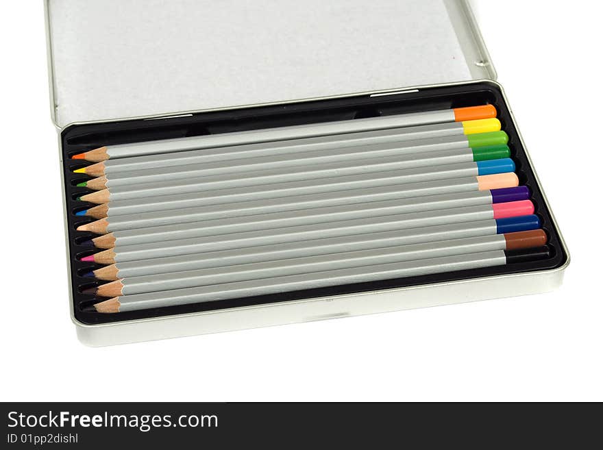 Colored pencils in silver metal box