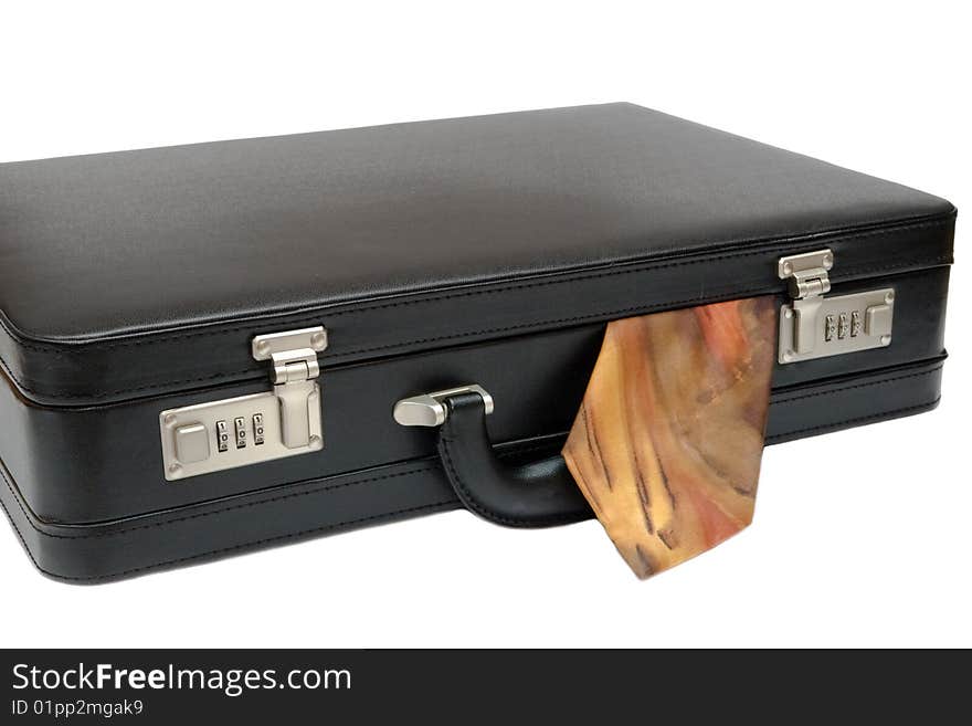 Leather black suitcase with tie on white background