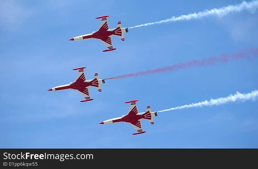 Jet fighters in flight on airshow at military airport Krumovo, Bulgaria