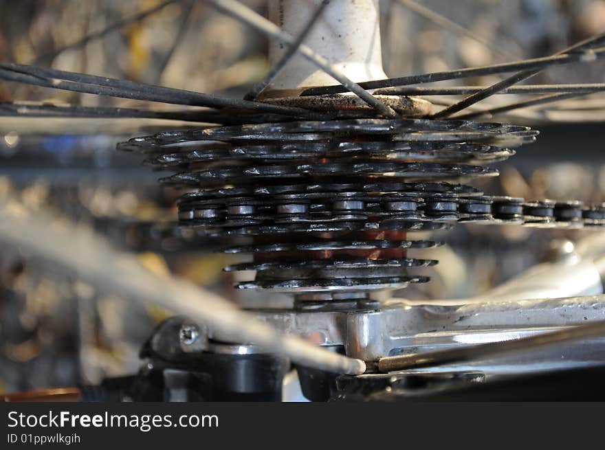 A detail view at a bycicle. A detail view at a bycicle.