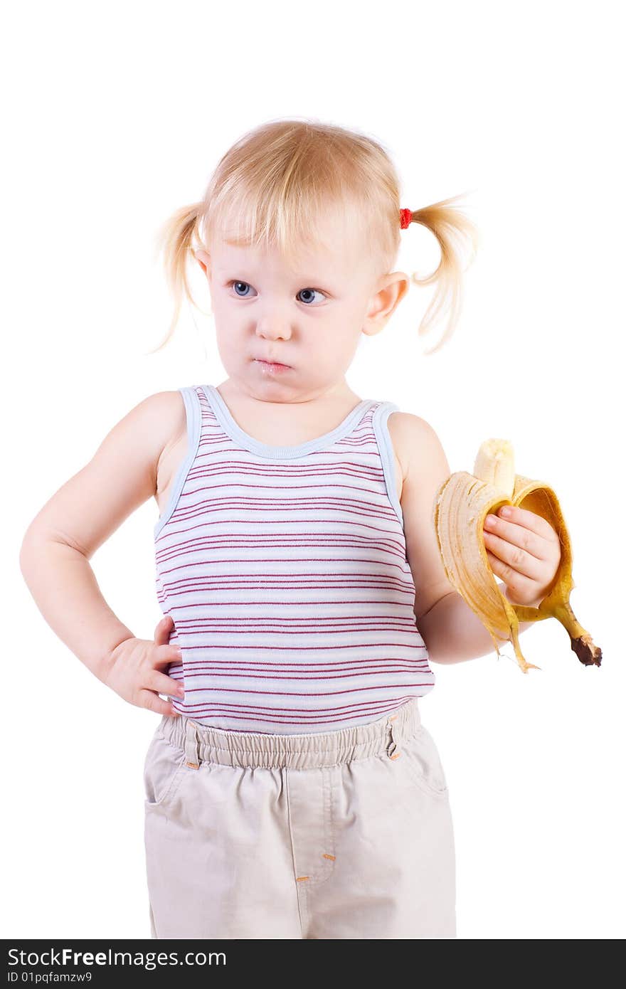 Fashion small girl with banana. Fashion small girl with banana