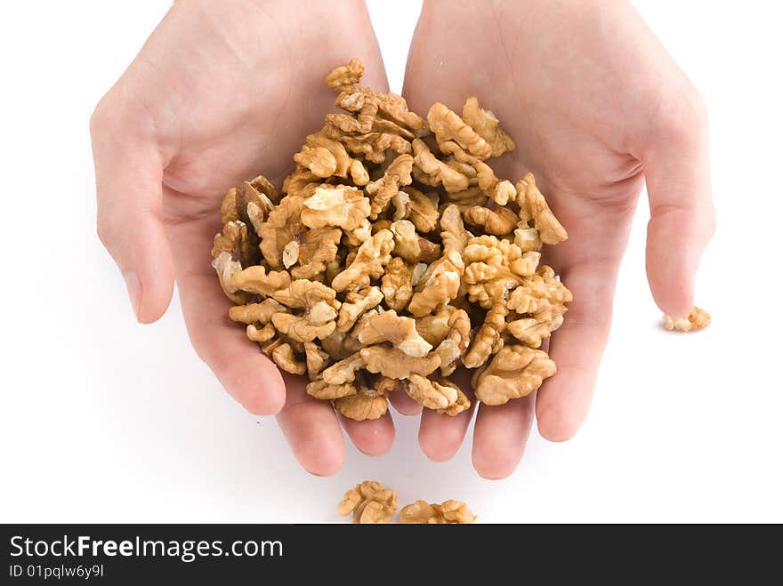 Human hand holding walnut nuts