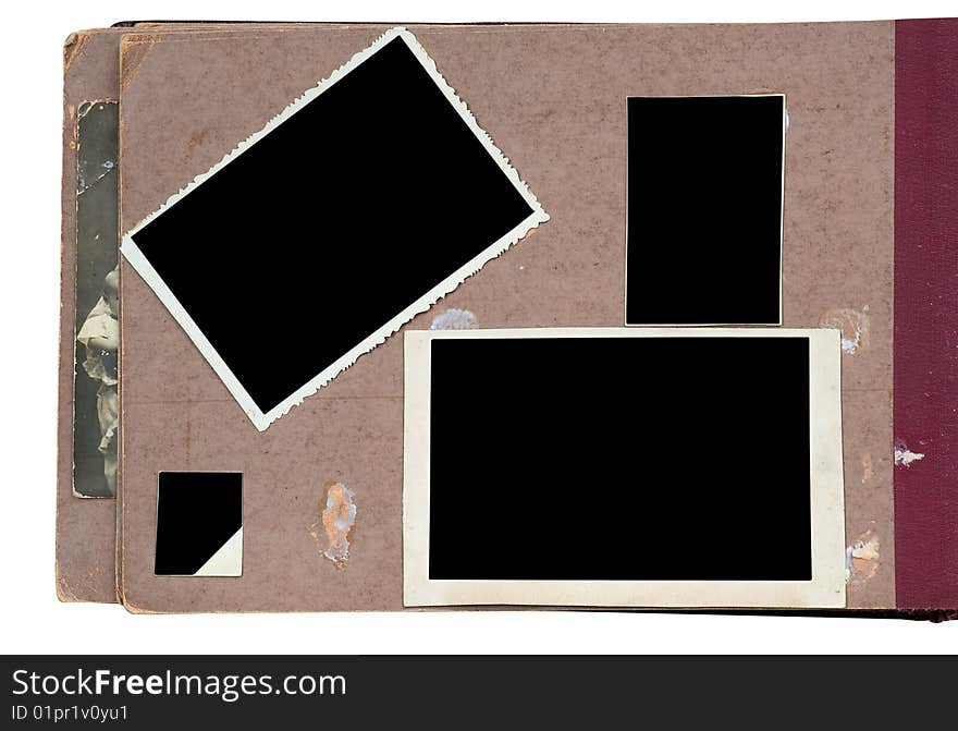 Vintage photo album with empty photos isolated on white background with clipping path