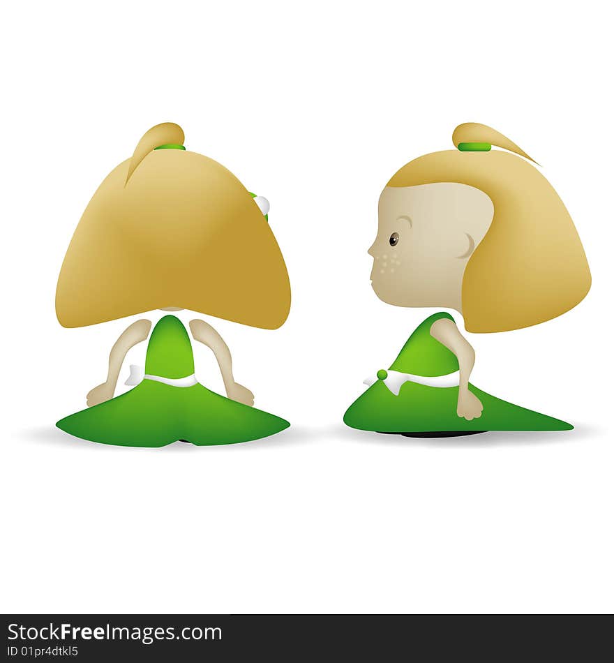 A cartoon vector illustration of a blonde girl isolated on white background, rear and side-view. A cartoon vector illustration of a blonde girl isolated on white background, rear and side-view.