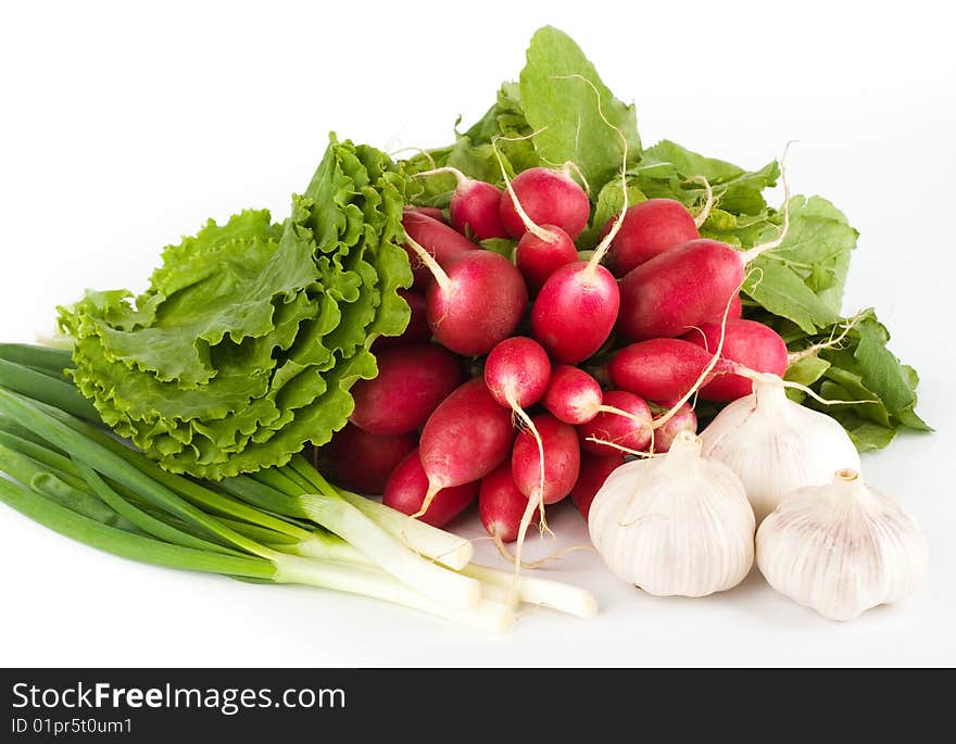 Spring onions, garlic, lettuce and radish