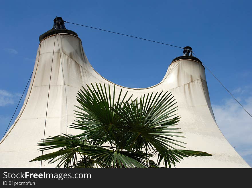 Large tents on the blue sky background.