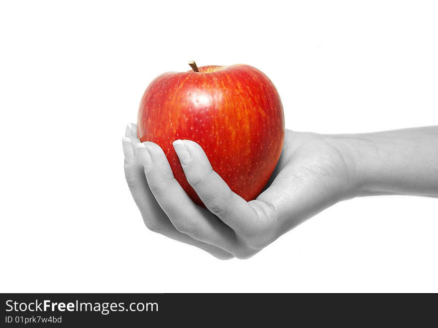 Hand with apple isolated on white background. Hand with apple isolated on white background